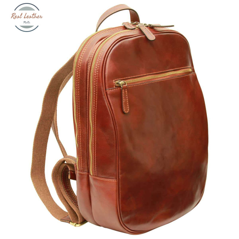 Leather backpack with exterior zip pockets Brown Backpack