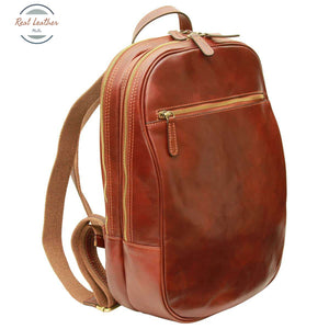 Leather backpack with exterior zip pockets Brown Backpack