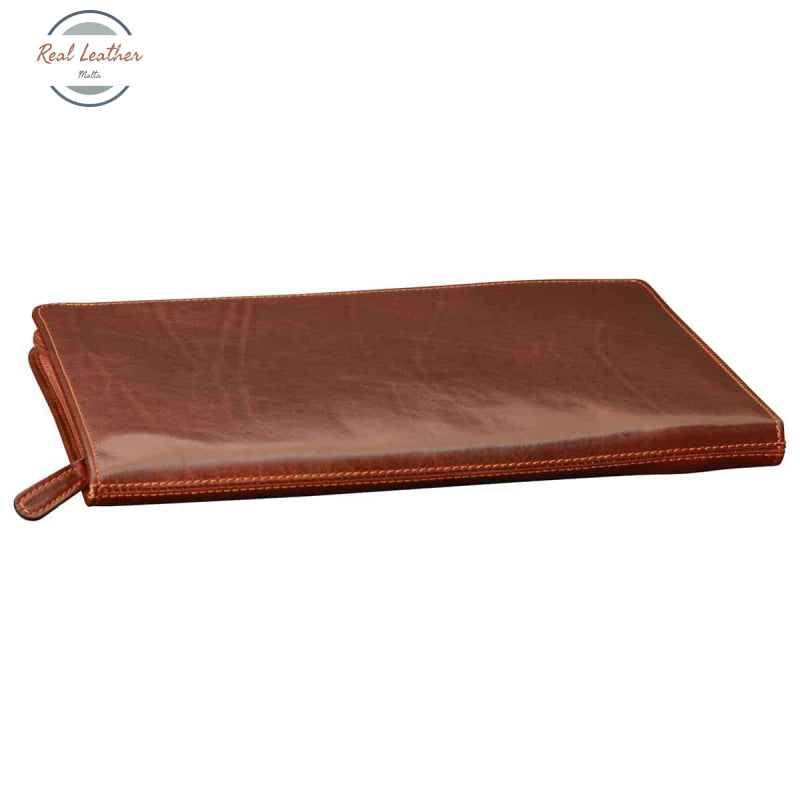 Leather Round Zipper Folder - Brown Leather Folder