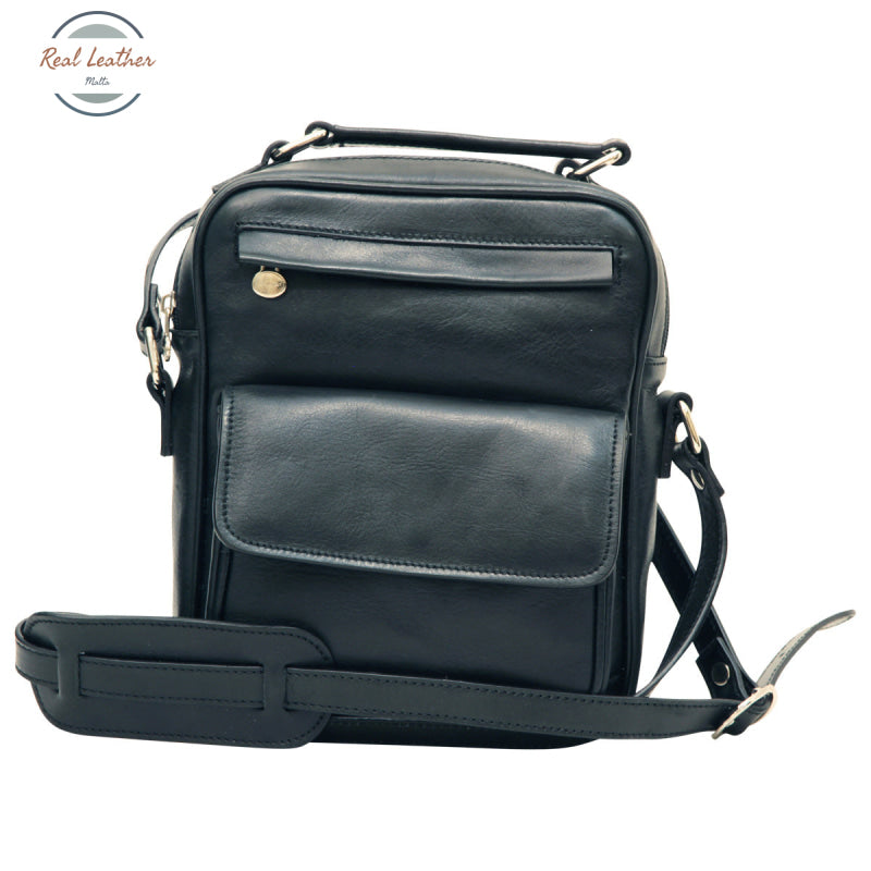 Leather Shoulder Bag with front pocket Black Shoulder Bag
