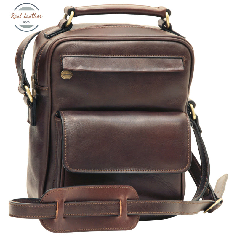 Leather Shoulder Bag with front pocket Dark Brown Shoulder Bag