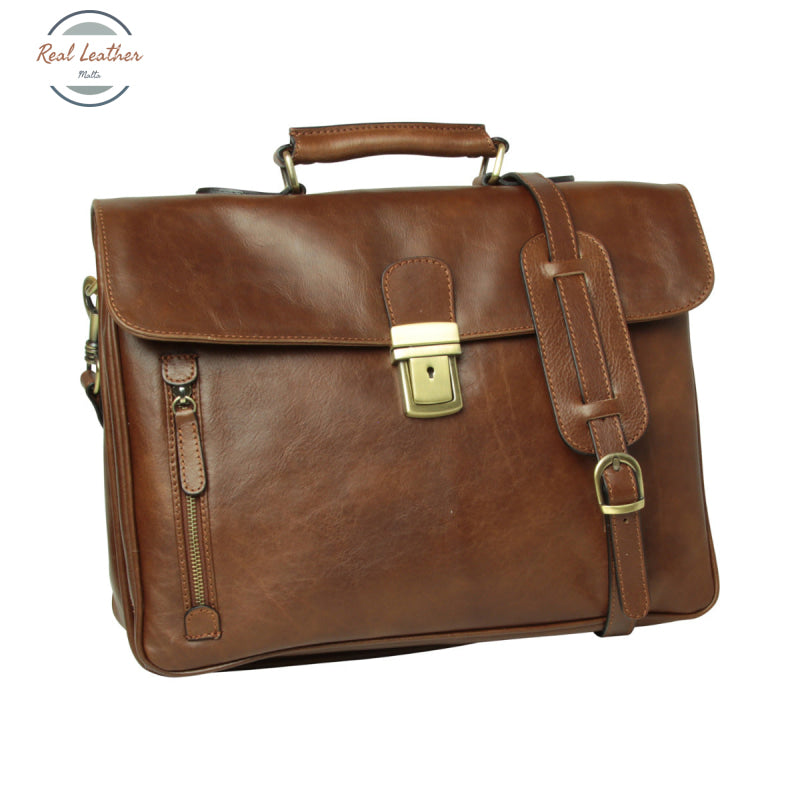 Oiled Calfskin Leather Briefcase with shoulder strap - Chestnut Chestnut Briefcase