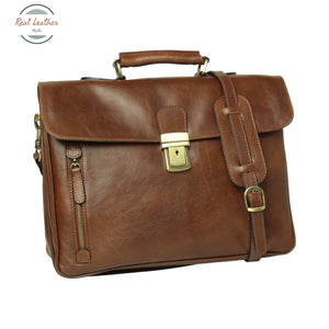 Oiled Calfskin Leather Briefcase with shoulder strap - Chestnut Chestnut Briefcase