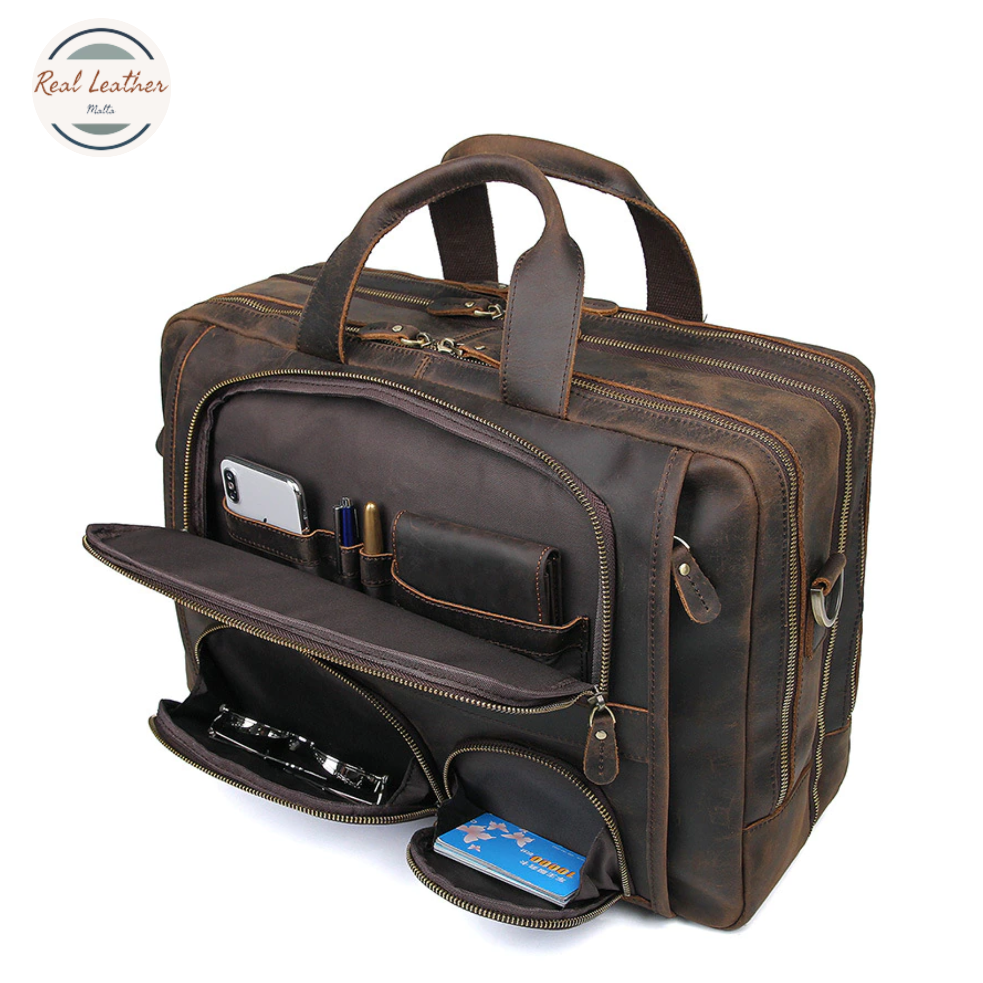 Genuine Leather Vintage Men's Briefcase With Multiple Pockets