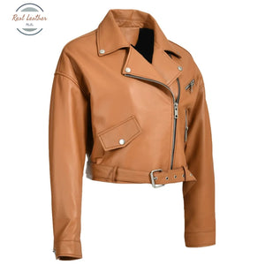 Real Leather Ladies Short Motorcycle Jacket With Belt