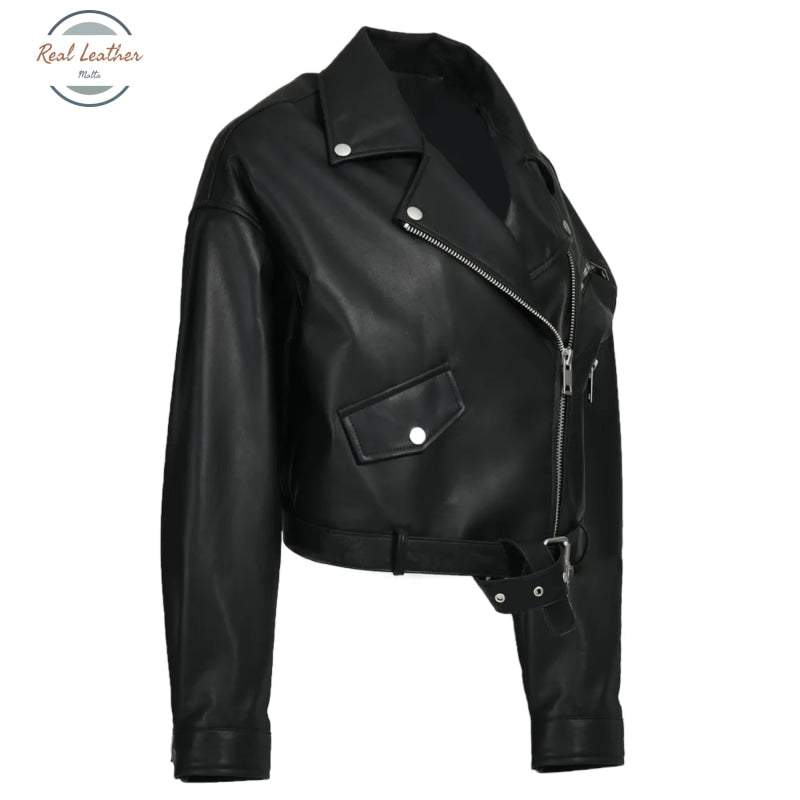 Real Leather Ladies Short Motorcycle Jacket With Belt