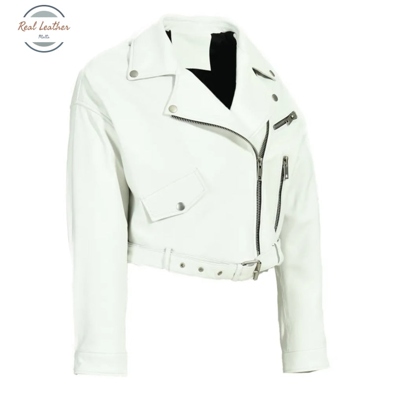 Real Leather Ladies Short Motorcycle Jacket With Belt