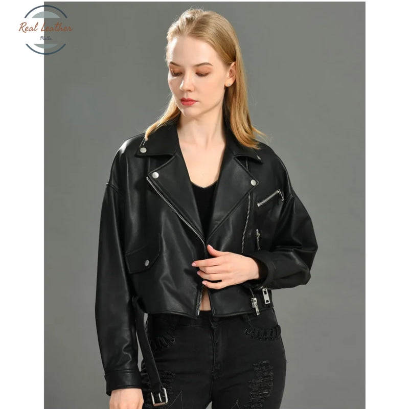 Real Leather Ladies Short Motorcycle Jacket With Belt