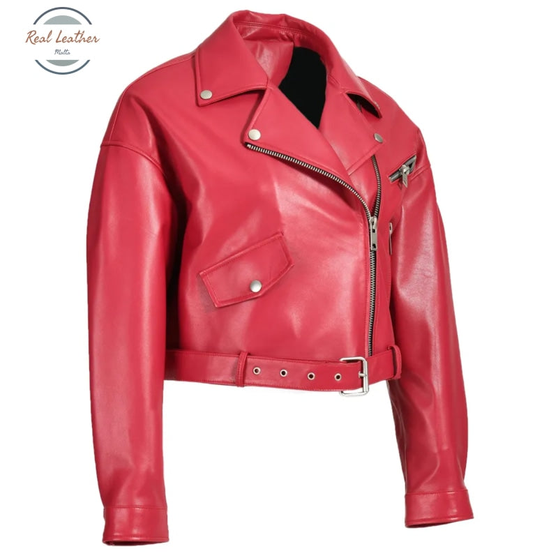 Real Leather Ladies Short Motorcycle Jacket With Belt