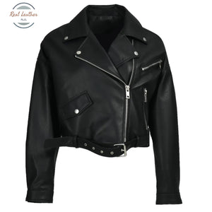 Real Leather Ladies Short Motorcycle Jacket With Belt Medium / Black