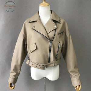 Real Leather Ladies Short Motorcycle Jacket With Belt Small / Beige