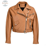 Real Leather Ladies Short Motorcycle Jacket With Belt Small / Brown