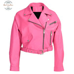 Real Leather Ladies Short Motorcycle Jacket With Belt Small / Fuchsia Pink