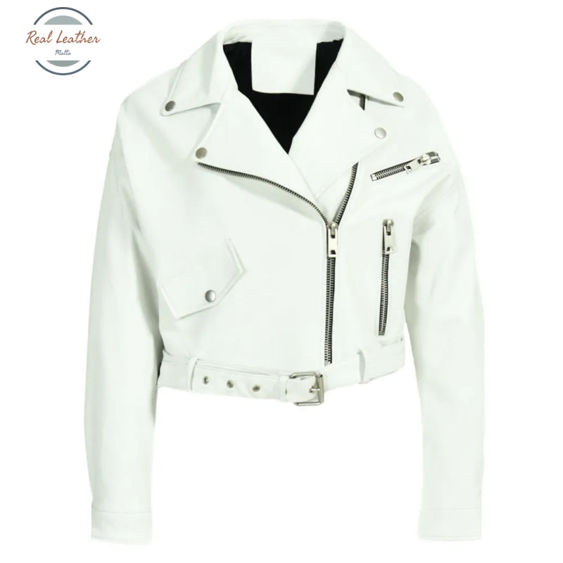 Real Leather Ladies Short Motorcycle Jacket With Belt Small / White