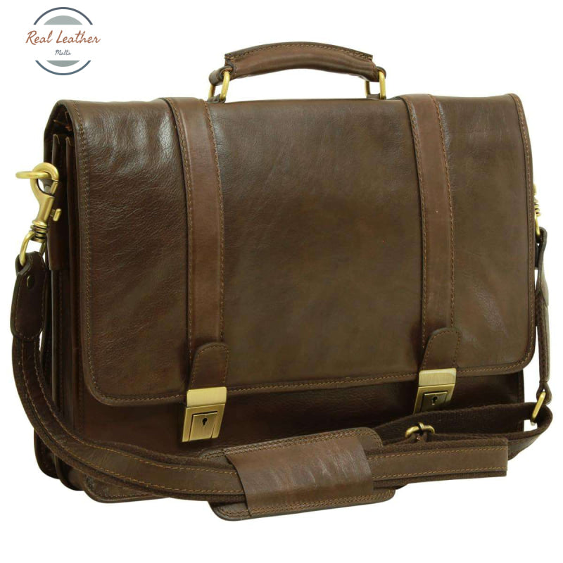 Soft Calfskin Leather Briefcase with shoulder strap Dark Brown Briefcases