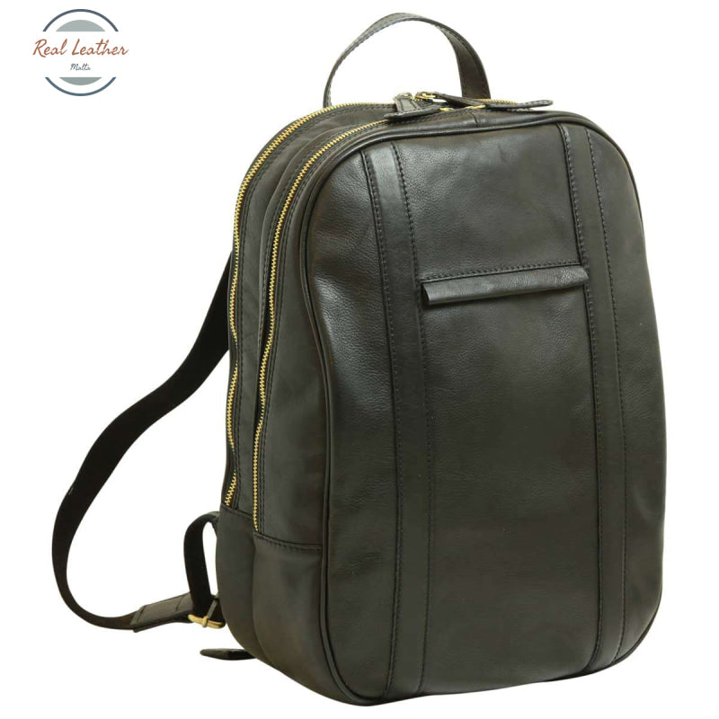 Soft Calfskin Leather Laptop Backpack with backside troller strap-round Black Backpack