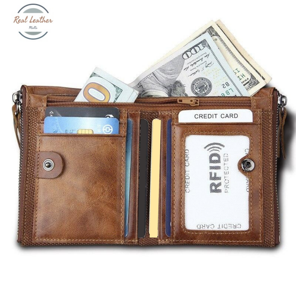 Vintage Cowhide RFID Double Zipper Wallet