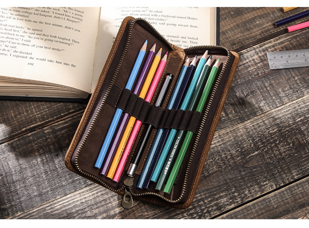Genuine Cow Leather Zipper Pencil Pouch
