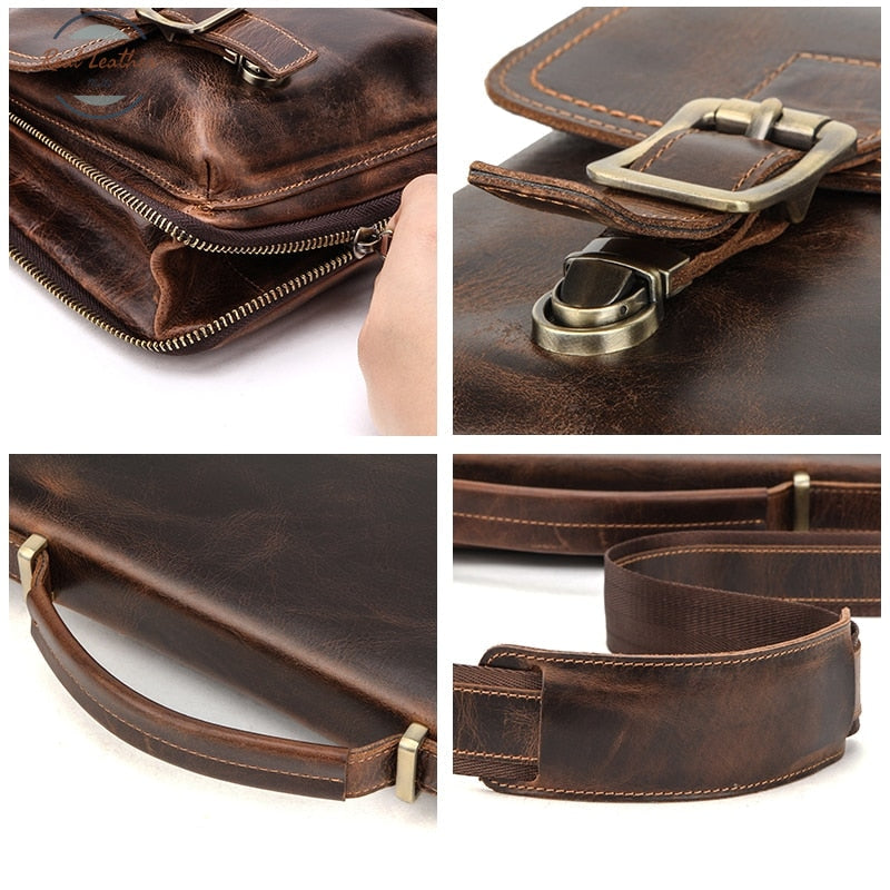 Contact's Men Briefcase Bag Crazy Horse Leather Shoulder Messenger Bags Famous Brand Business