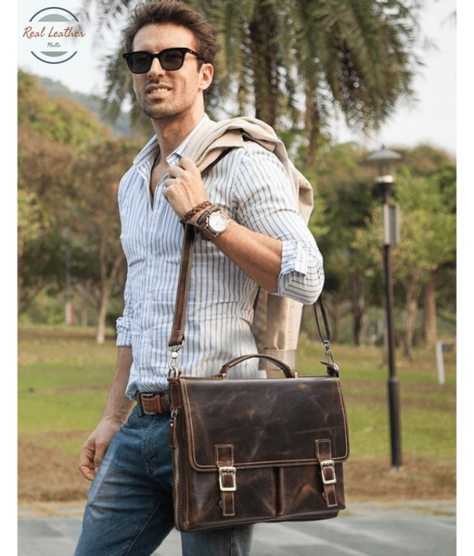 Contact's Men Briefcase Bag Crazy Horse Leather Shoulder Messenger Bags Famous Brand Business