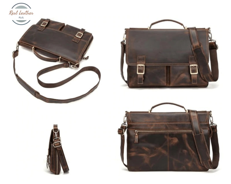 Contact's Men Briefcase Bag Crazy Horse Leather Shoulder Messenger Bags Famous Brand Business