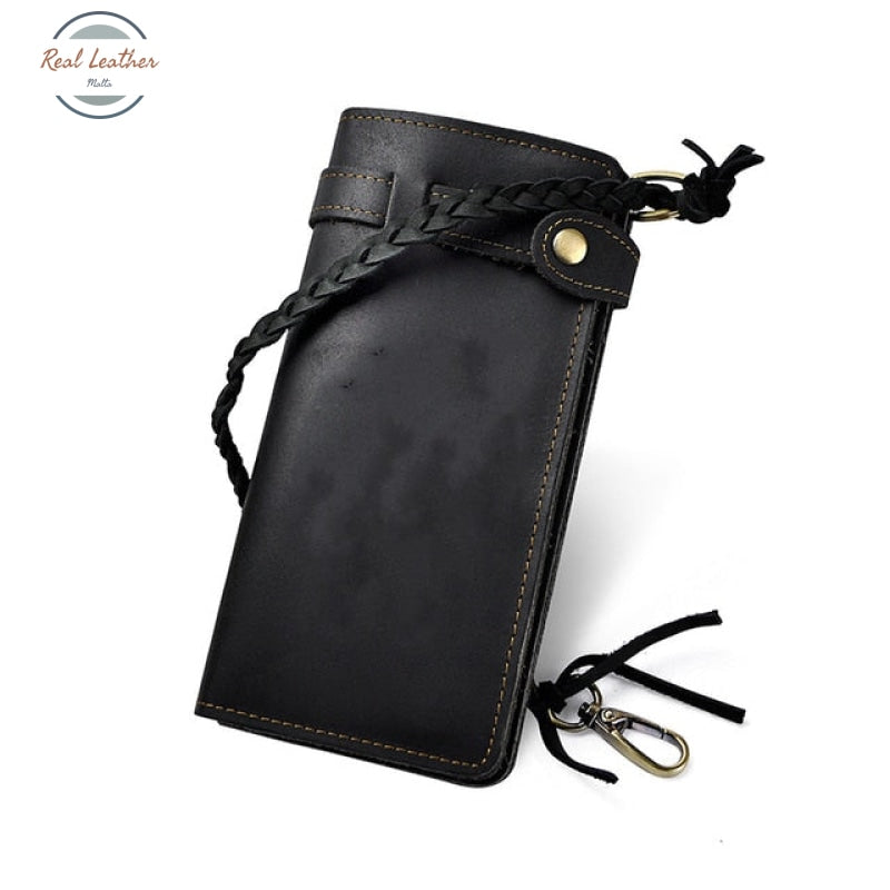 Crazy Horse Chain Leather Clutch Wallet Black