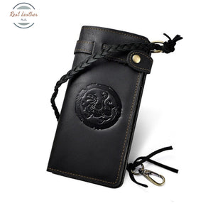 Crazy Horse Chain Leather Clutch Wallet Black Dragon