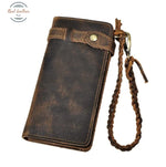 Crazy Horse Chain Leather Clutch Wallet Brown