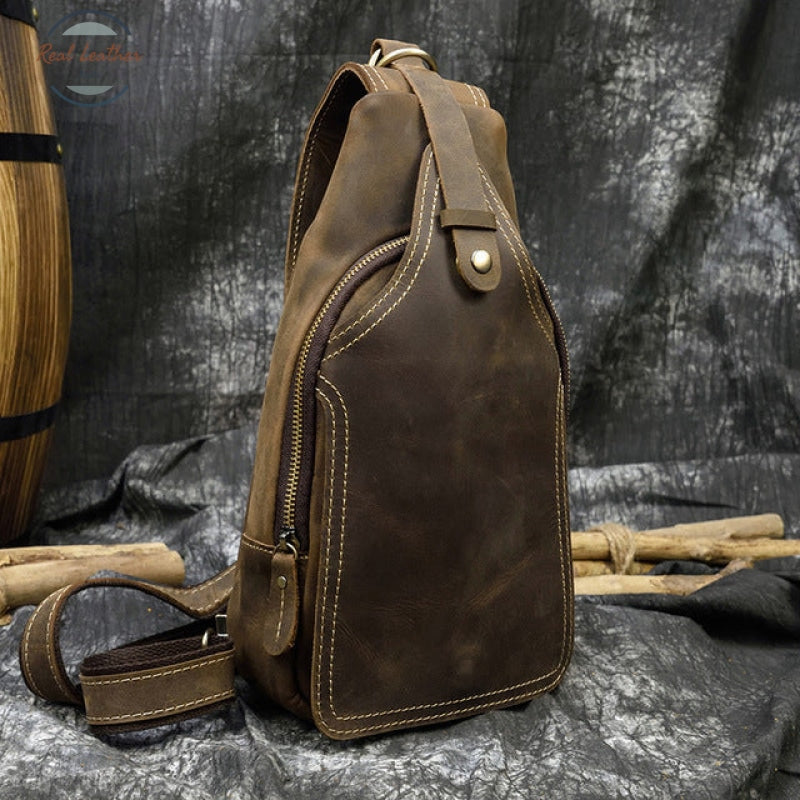 Crazy Horse Leather Chest Bag Small Genuine Travel Vintage Cow Crossbody Cowhide Sling