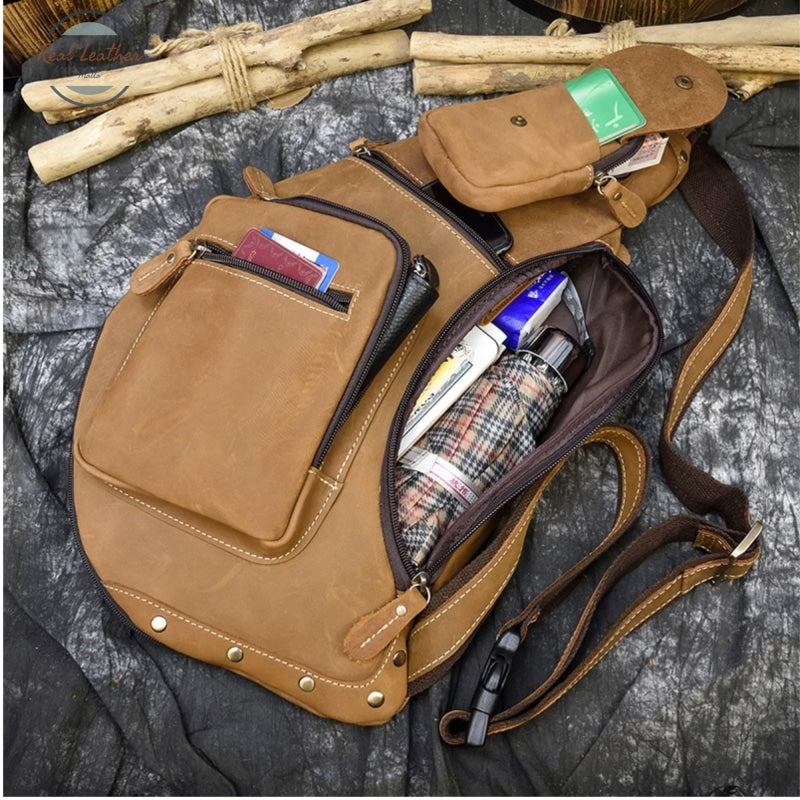 Crazy Horse Leather Chest Bag Small Genuine Travel Vintage Cow Crossbody Cowhide Sling