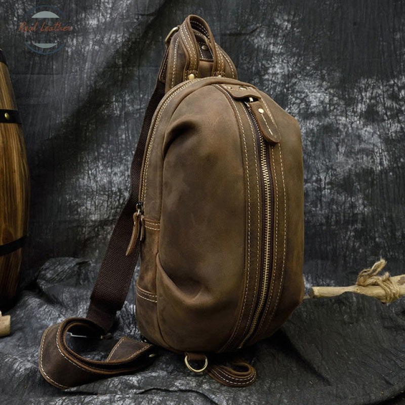 Crazy Horse Leather Chest Bag Small Genuine Travel Vintage Cow Crossbody Cowhide Sling