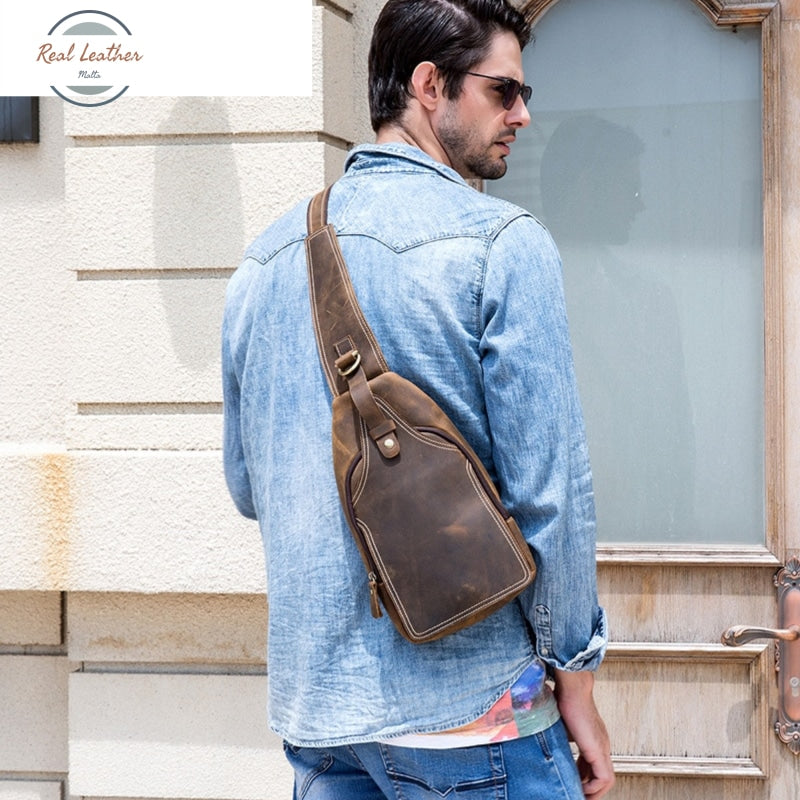 Crazy Horse Leather Chest Bag Small Genuine Travel Vintage Cow Crossbody Cowhide Sling