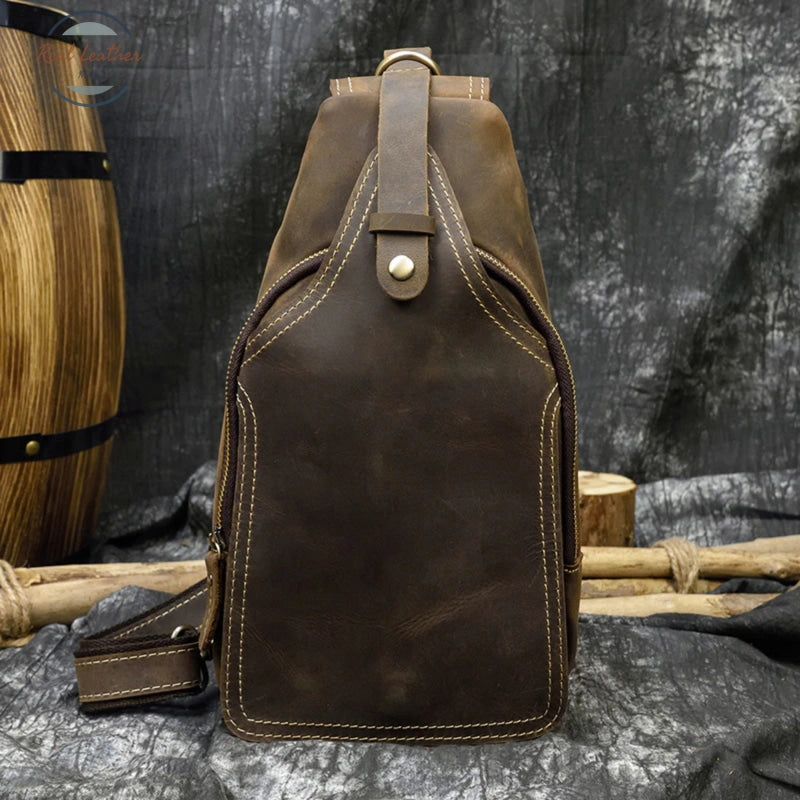 Crazy Horse Leather Chest Bag Small Genuine Travel Vintage Cow Crossbody Cowhide Sling