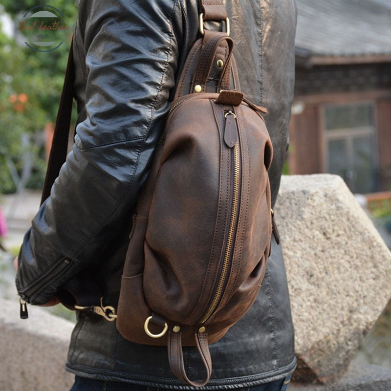 Crazy Horse Leather Chest Bag Small Genuine Travel Vintage Cow Crossbody Cowhide Sling