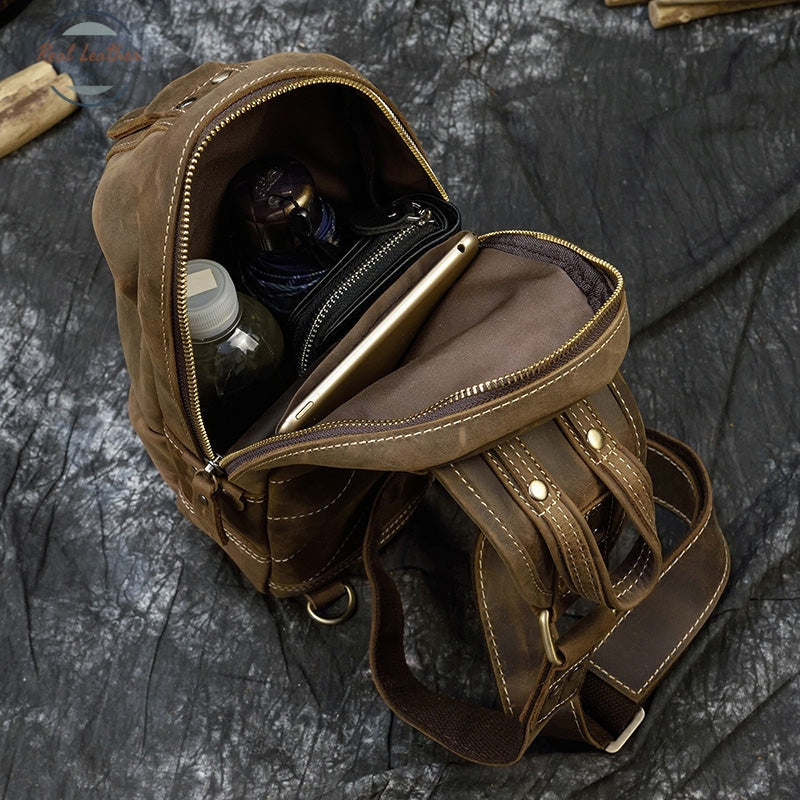 Crazy Horse Leather Chest Bag Small Genuine Travel Vintage Cow Crossbody Cowhide Sling