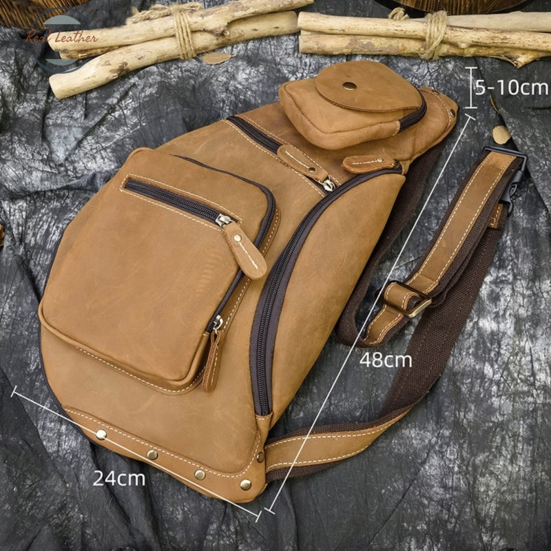 Crazy Horse Leather Chest Bag Small Genuine Travel Vintage Cow Crossbody Cowhide Sling