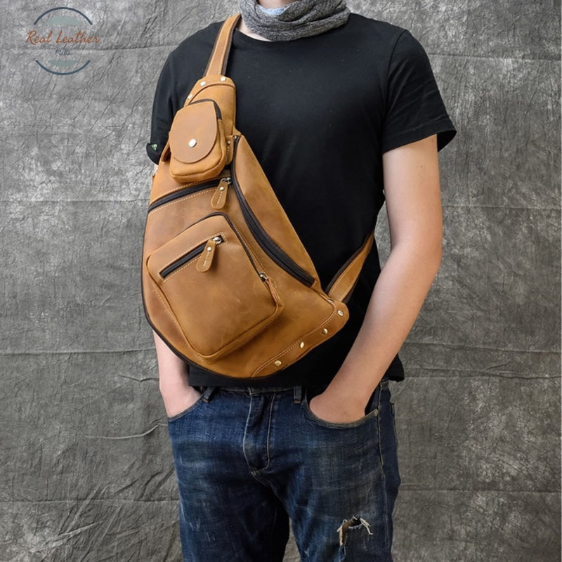 Crazy Horse Leather Chest Bag Small Genuine Travel Vintage Cow Crossbody Cowhide Sling