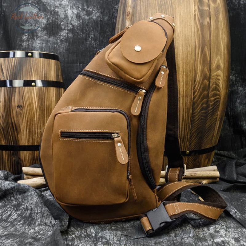 Crazy Horse Leather Chest Bag Small Genuine Travel Vintage Cow Crossbody Cowhide Sling Brown4