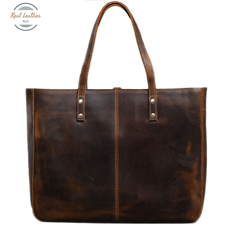 Crazy Horse Leather Large-Capacity Shoulder Bag Brown