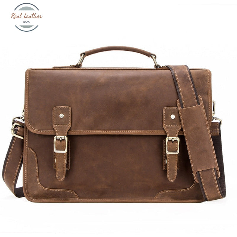 Crazy Horse Leather Men Briefcase / Laptop Bag Dark Brown