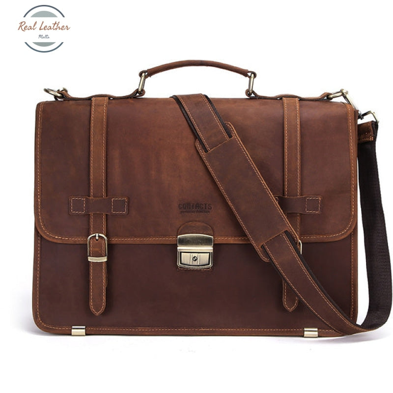 Crazy Horse Leather Men Business Briefcase Brown