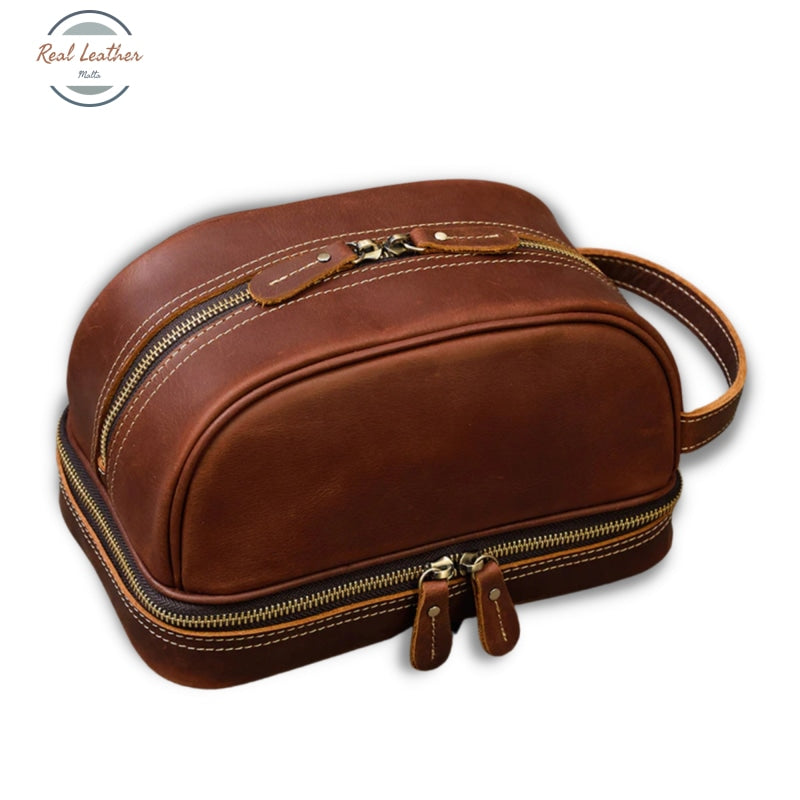 Crazy Horse Leather Travel Toiletry Bag Brown