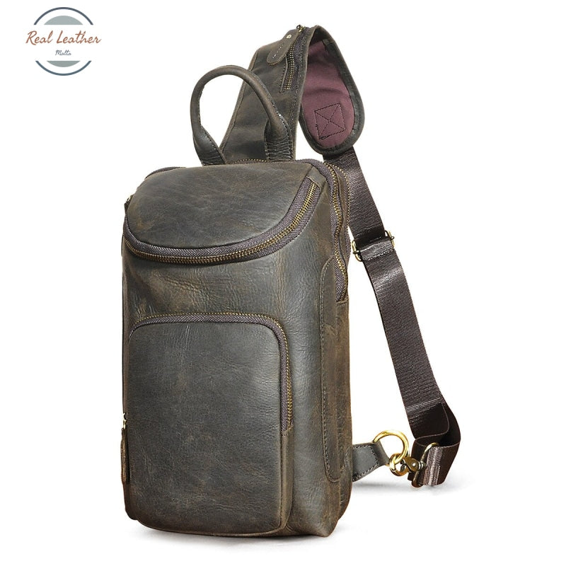 Crazy Horse Leather Vintage Sling Chest Bag Dark Brown