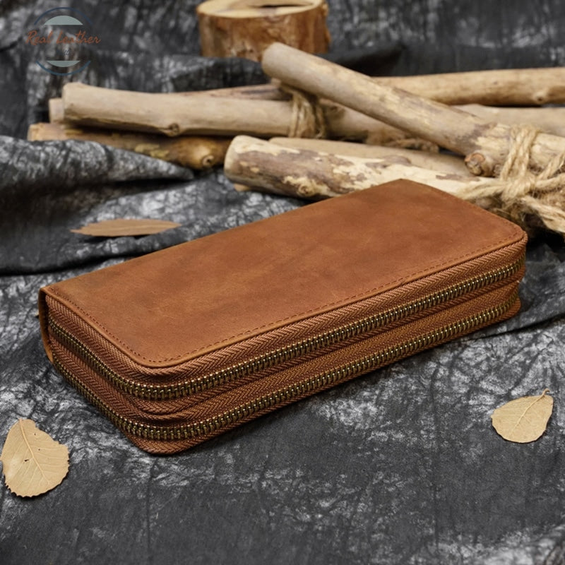 Double Zipper Long Wallet Brown
