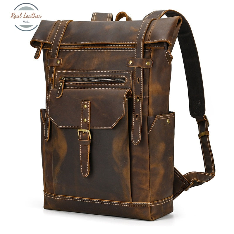 Full Grain Leather Roll Top Backpack