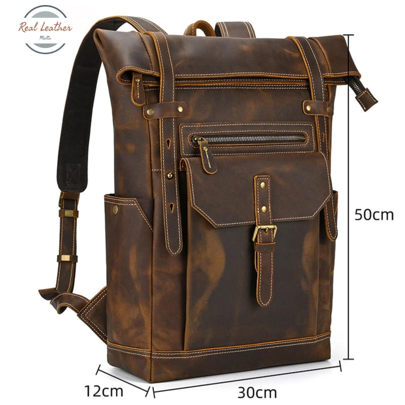 Full Grain Leather Roll Top Backpack