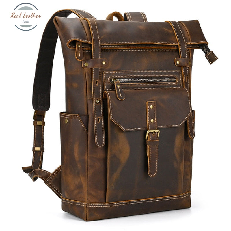 Full Grain Leather Roll Top Backpack