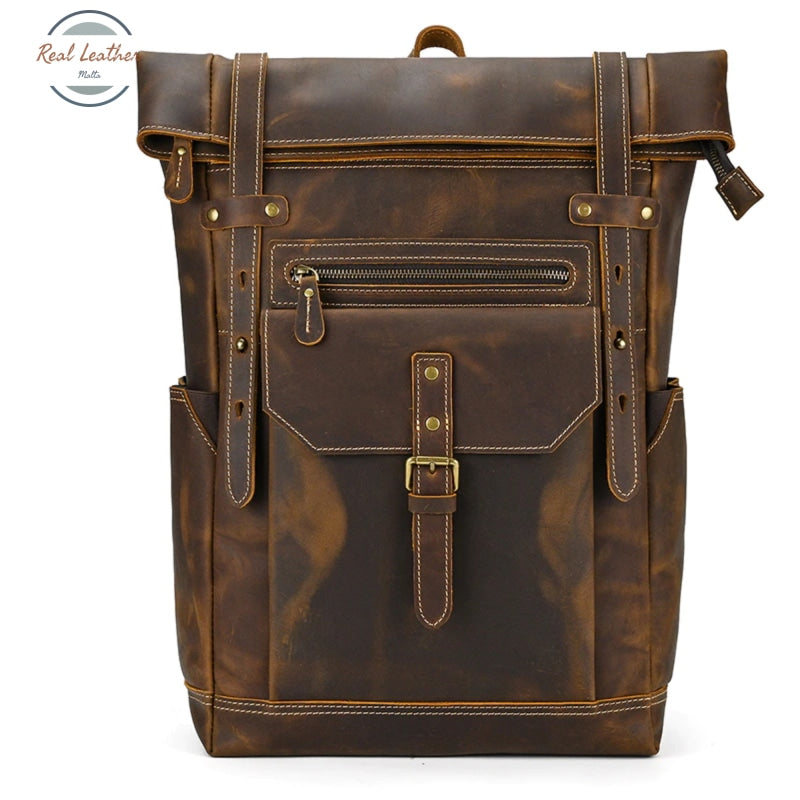 Full Grain Leather Roll Top Backpack