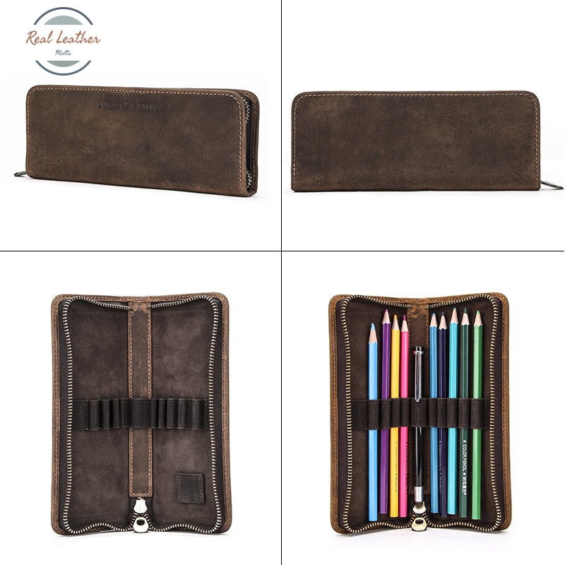 Genuine Cow Leather Zipper Pencil Pouch