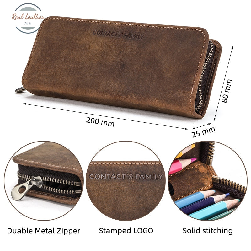 Genuine Cow Leather Zipper Pencil Pouch